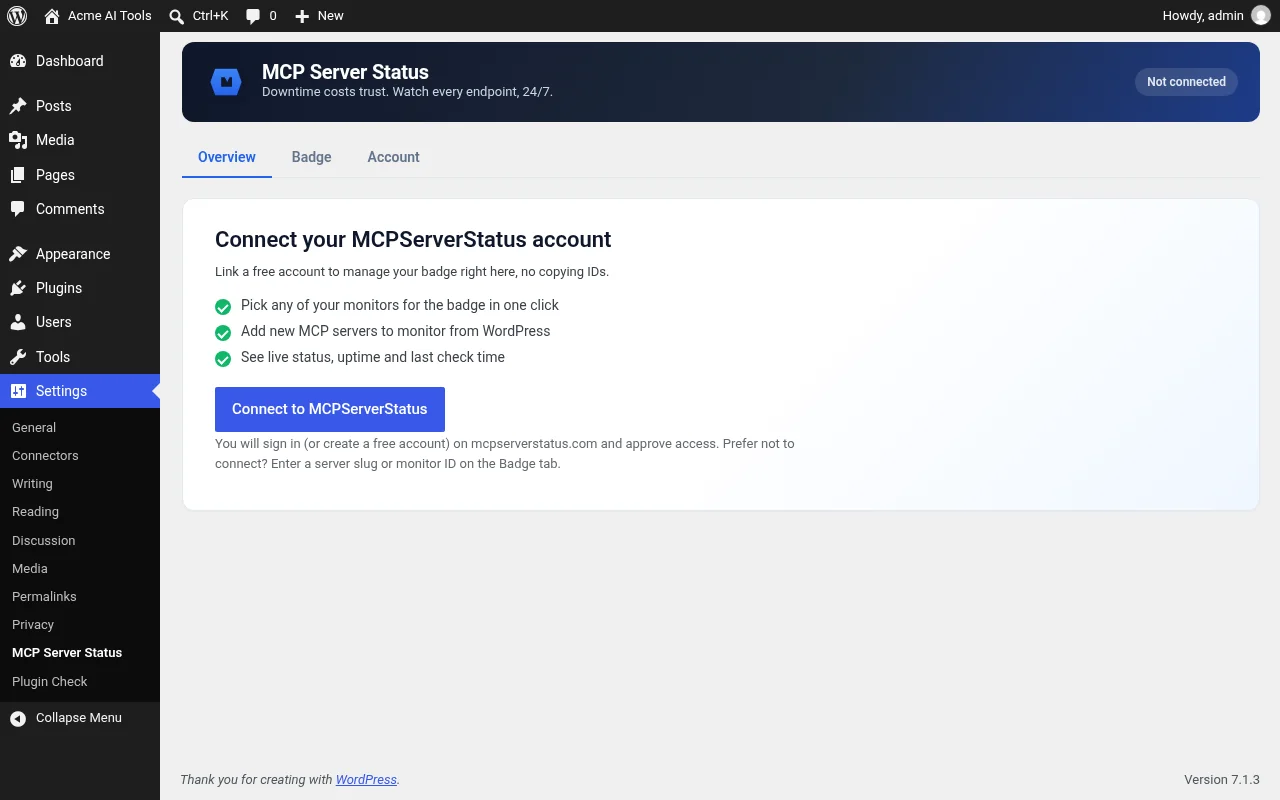 Settings page before connecting: connect your MCPServerStatus account or paste a public server slug.