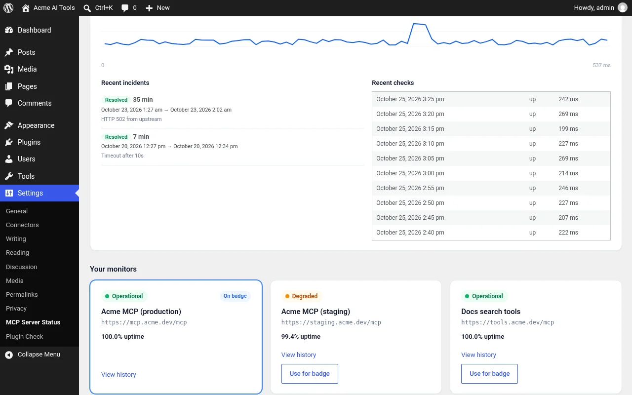 MCP Server Status plugin dashboard in wp-admin
