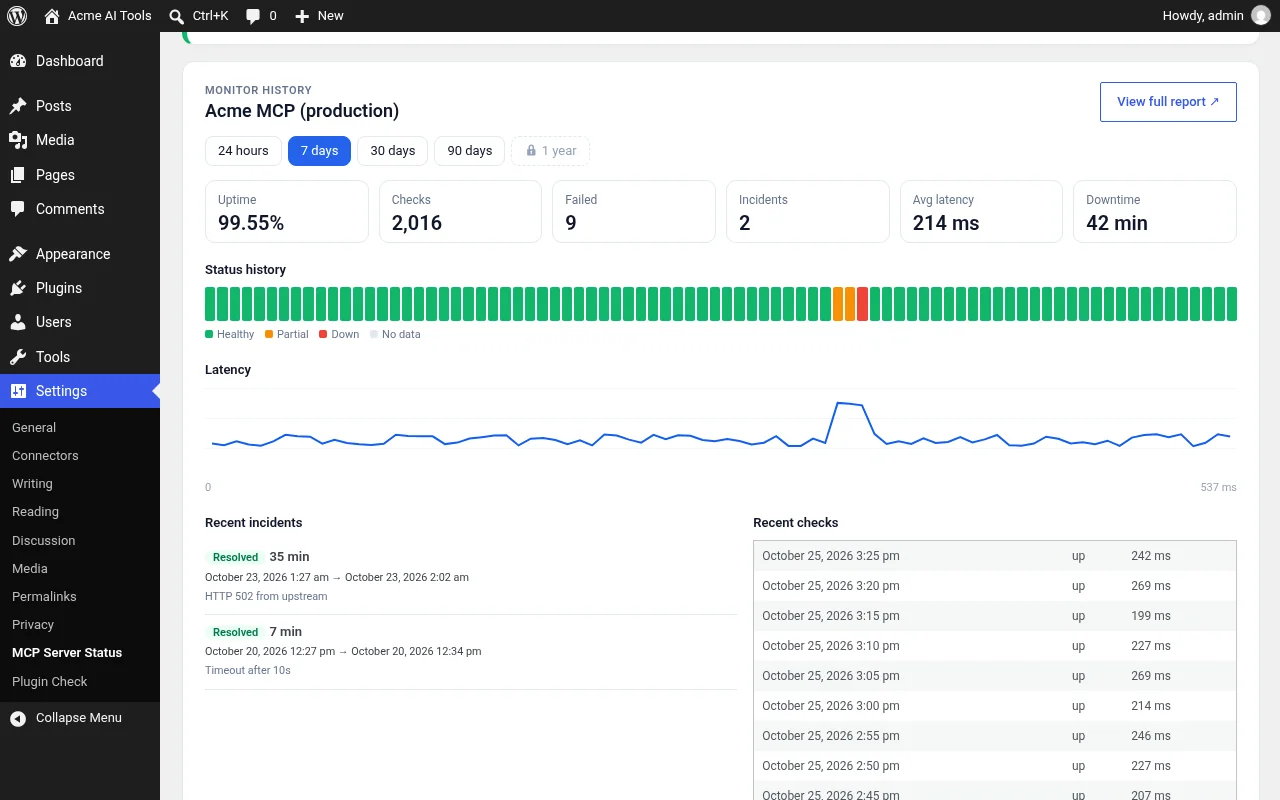 Monitor history panel: uptime, latency, incidents and recent checks for the selected range.